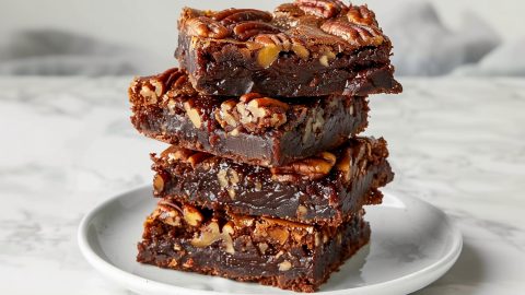Homemade chocolate pecan pie brownies stacked in a clean white plate