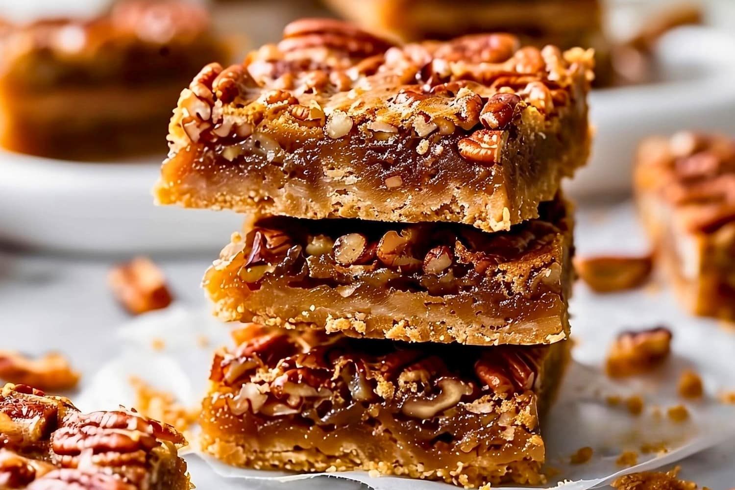 Square sliced pecan pie bars stacked on a parchment paper.
