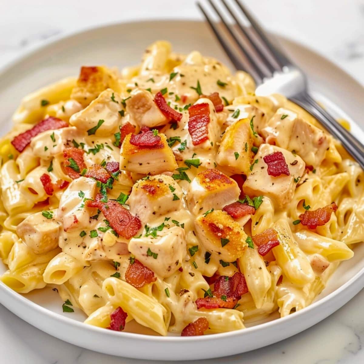 Cheesy Crack penne pasta served in a plate garnished with fried bacon.