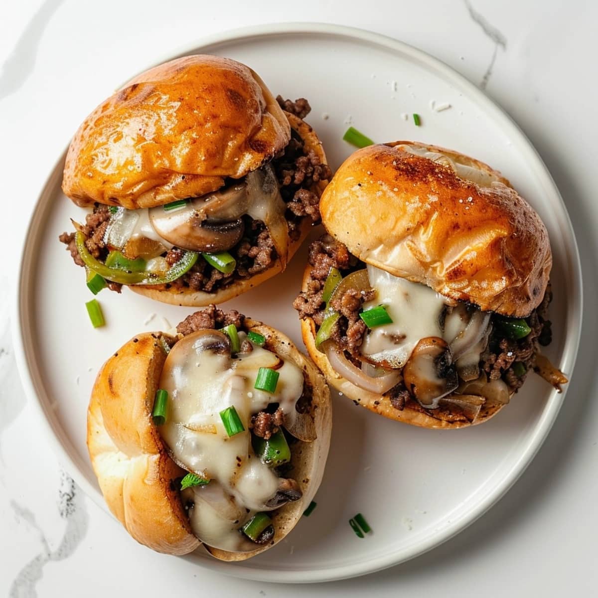 Top view of Philly Cheesesteak Sloppy Joes with melted cheese, ground beef, mushroom, onion, green bell pepper served on a white plate.