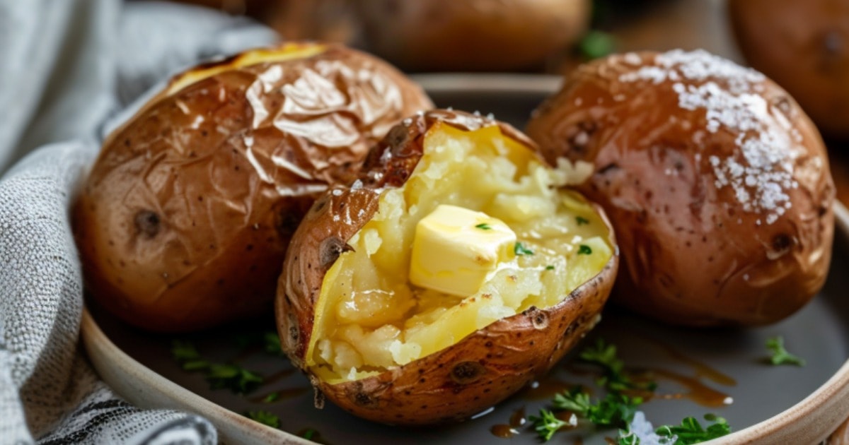 Baked potatoes cut open with butter