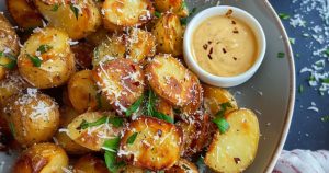 Roasted Parmesan Potatoes on a plate with dipping sauce