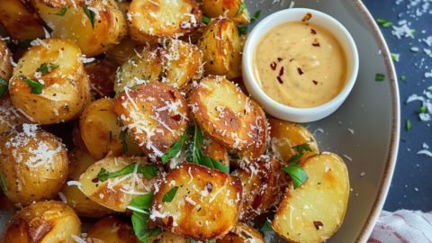 Roasted Parmesan Potatoes on a plate with dipping sauce