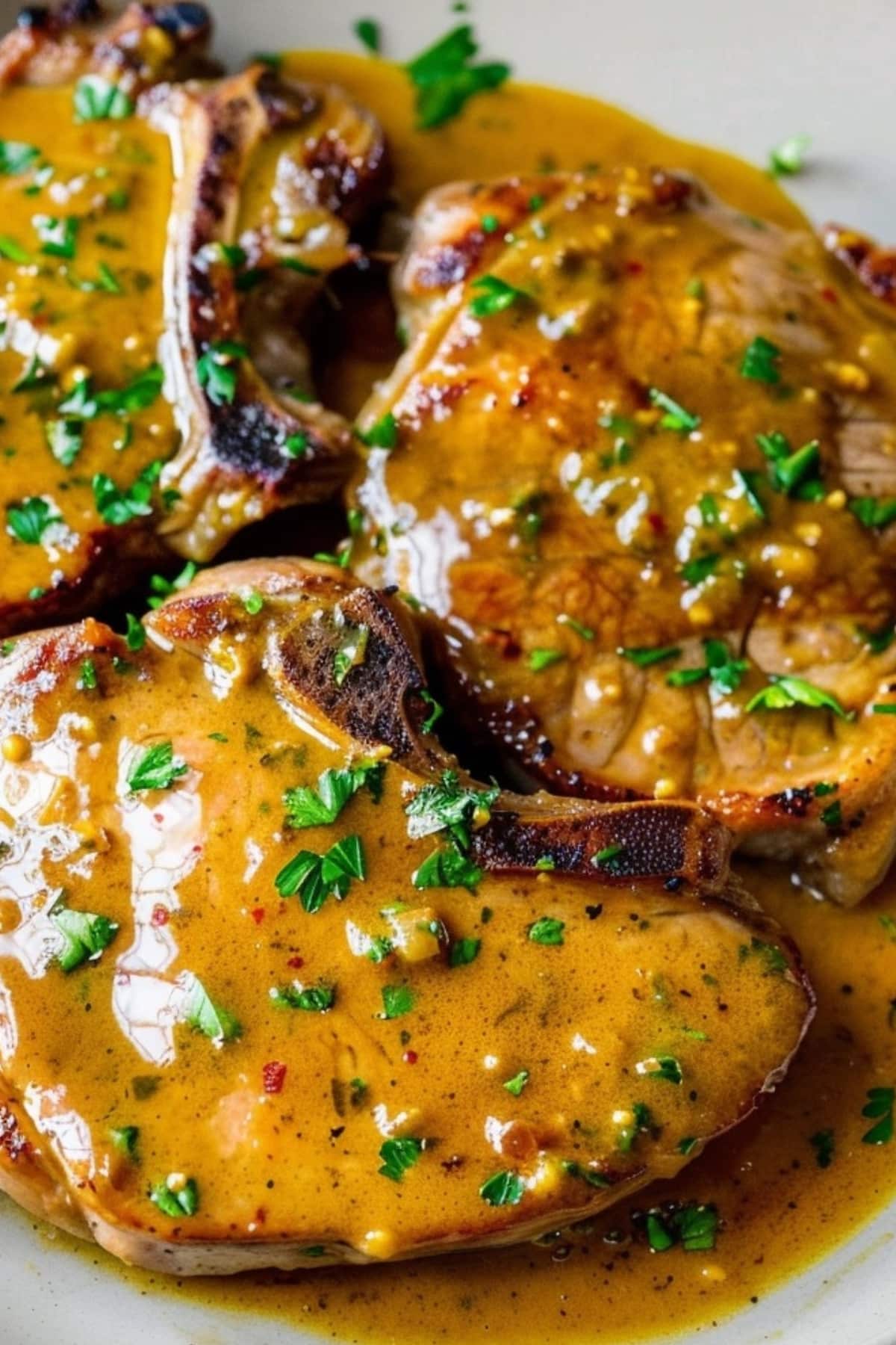 Pork chops with honey mustard sauce in a plate.