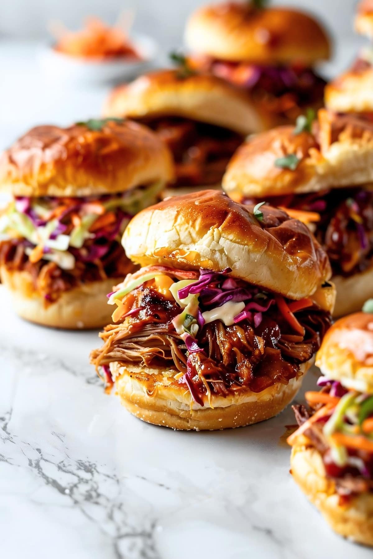 Close-up shot of bbq pulled pork sliders with coleslaw and cheese