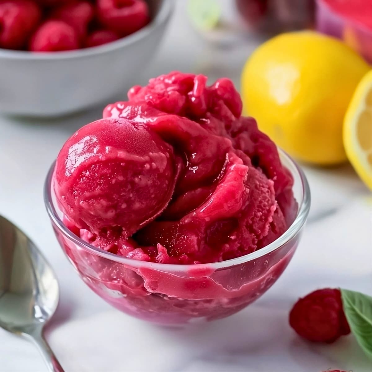 Raspberry sorbet served in a small glass bowl.