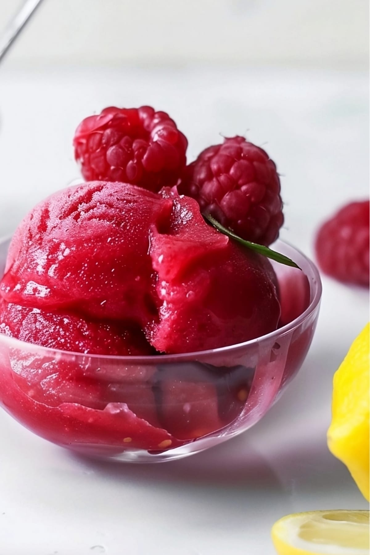 Raspberry sorbet in a small bowl garnished with fresh raspberries.