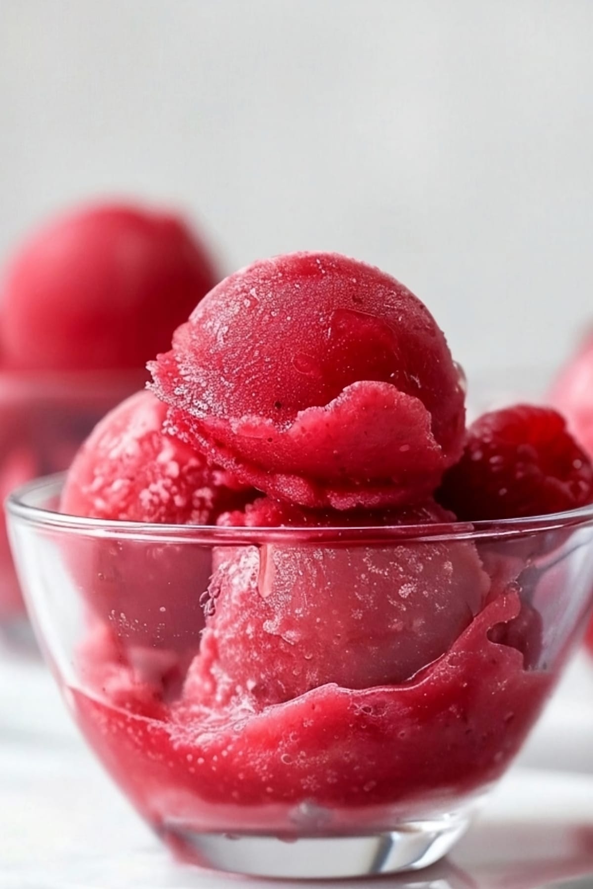 Scoops of raspberry sorbet in dessert glass.