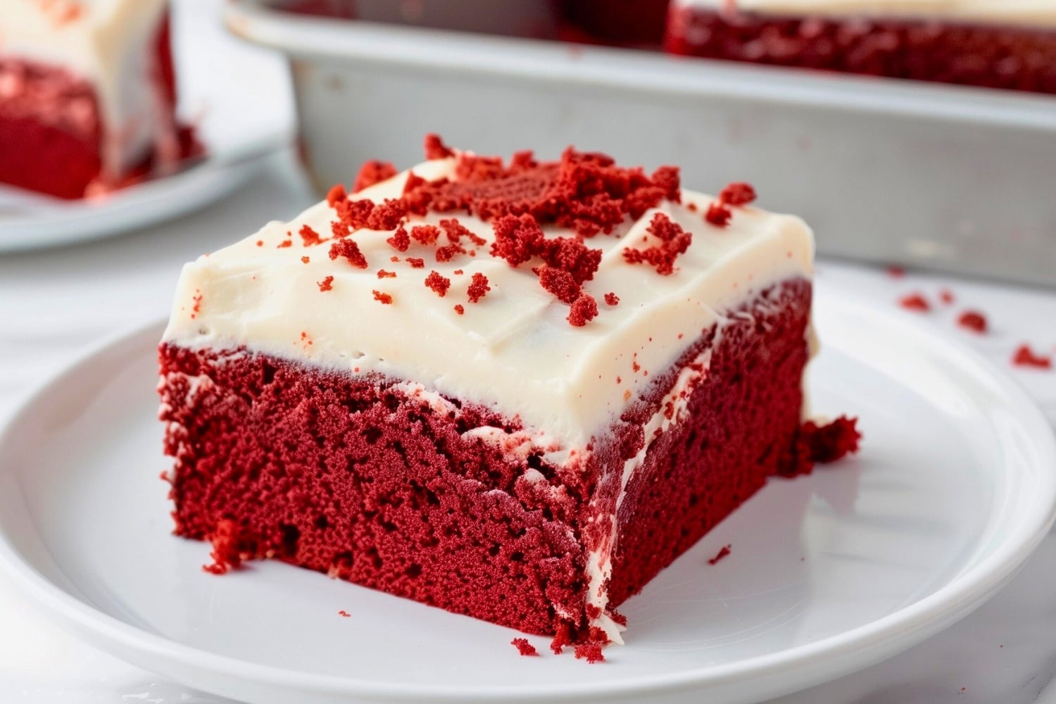 Square slice of red velvet sheet case in a plate topped with cream frosting and crumpled red cake.