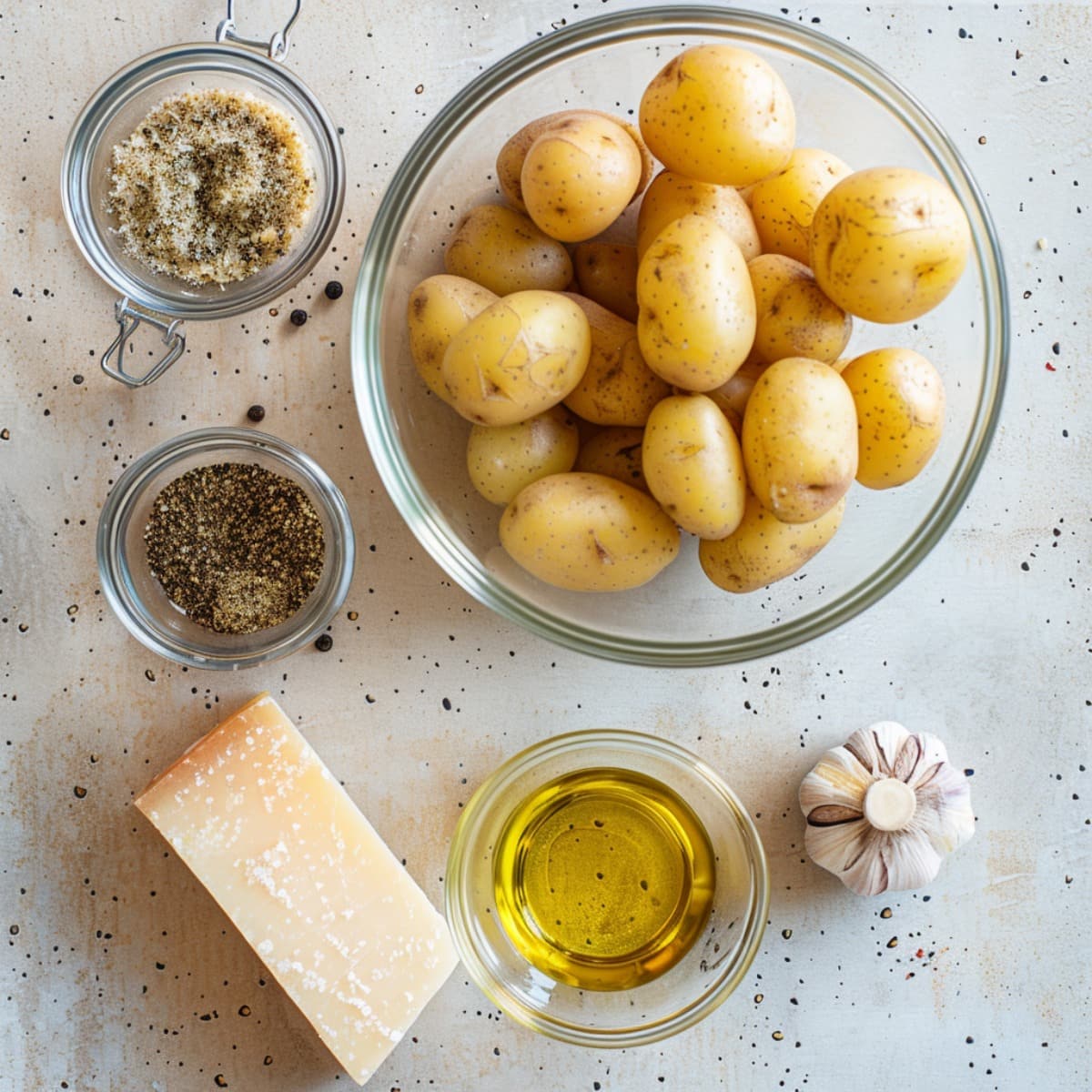 Roasted Parmesan Potatoes Ingredients: potatoes, salt, pepper, garlic, parmesan, and oil