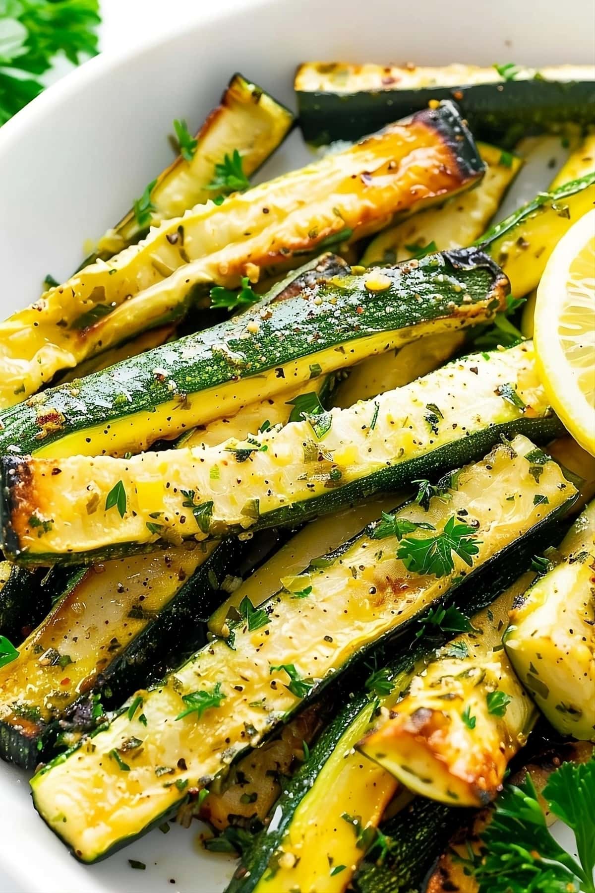 Roasted zucchini served on a white plate with chopped parsley and lemon on side.
