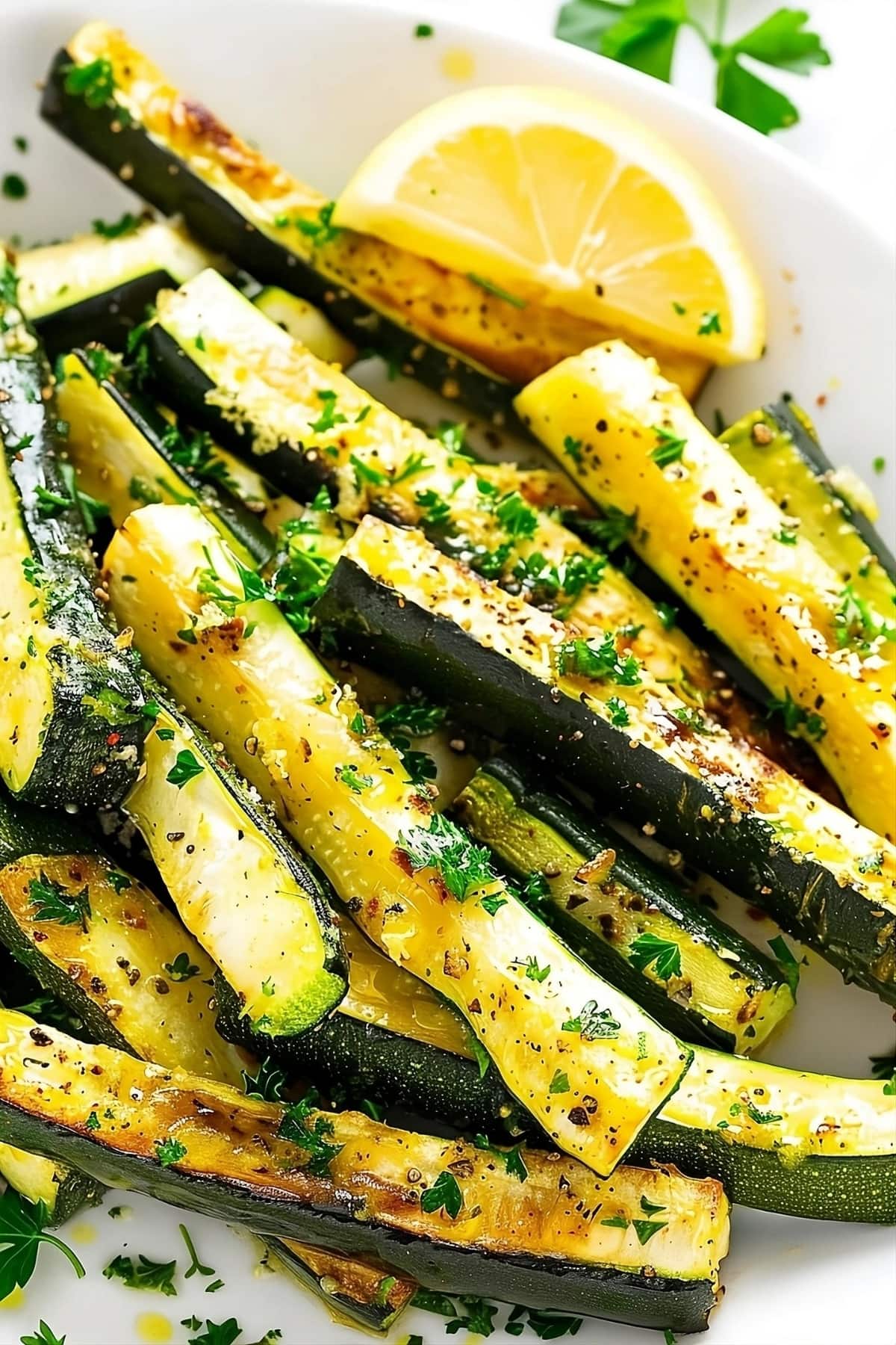 Roasted zucchini with chopped parsley garnish and slice of lemon on the side.