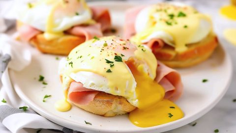 Eggs Benedict with ham, a classic breakfast dish served on a plate with a side of fresh greens