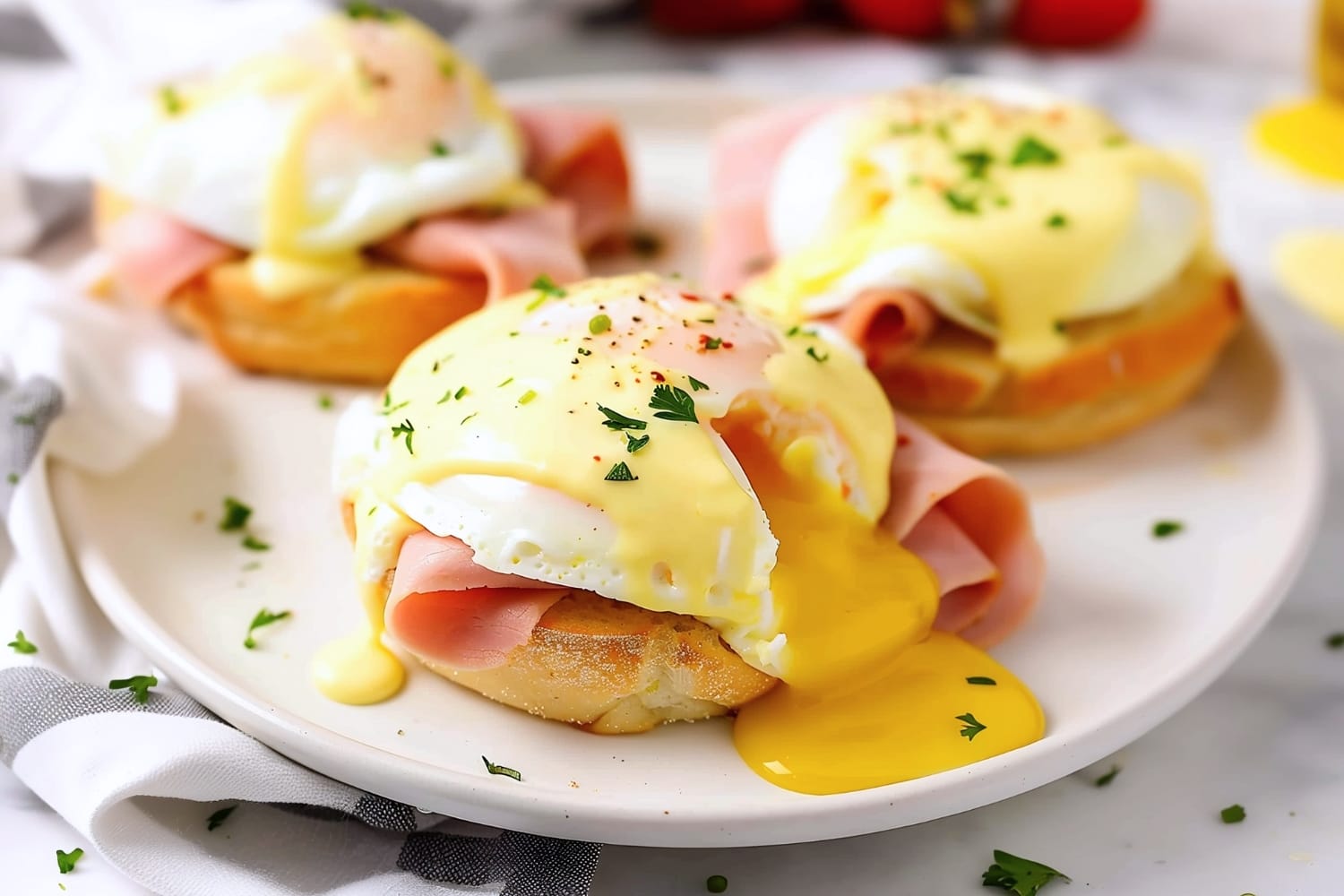 Eggs Benedict with ham, a classic breakfast dish served on a plate with a side of fresh greens