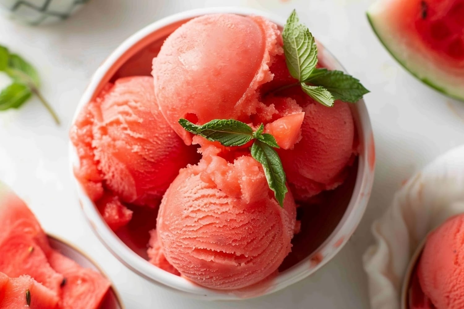 A bowl of homemade watermelon sorbet with a hint of mint