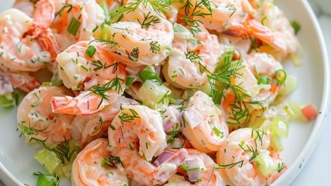 Shrimp salad with mayonnaise dressing, celery, dill and onions served on a white plate.