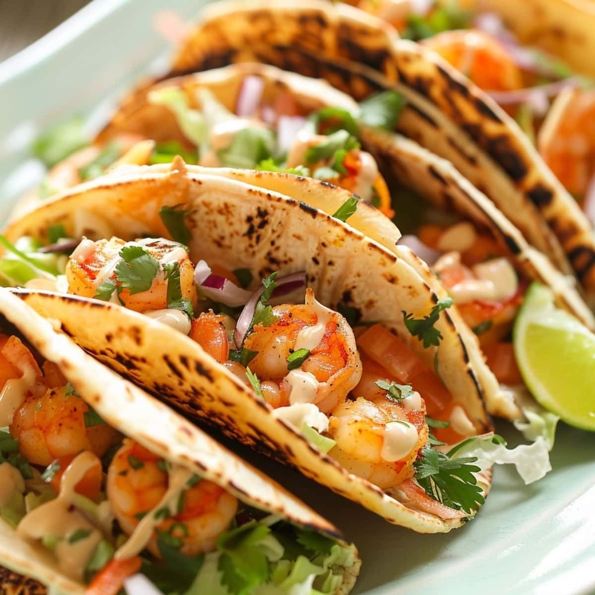 Shrimp tacos with salsa and lime slice on the side.