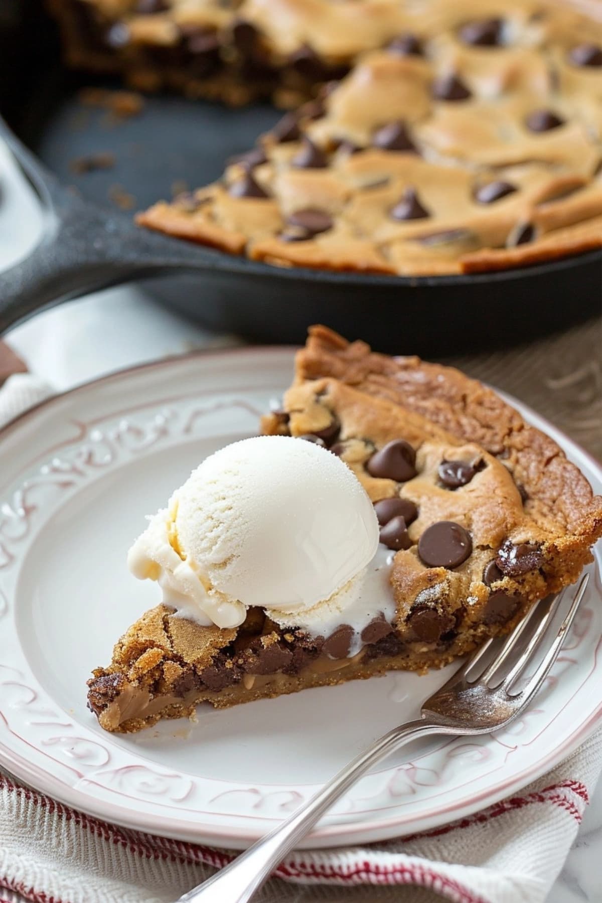 Slice of chocolate skillet cookie topped with vanilla ice cream