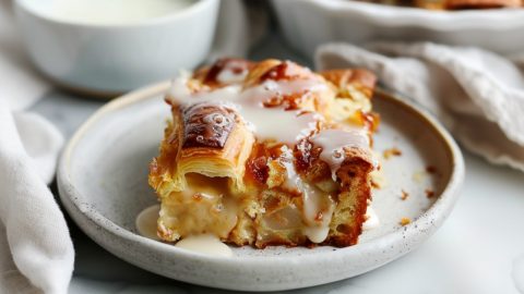 Slice of Croissant Bread Pudding on a plate