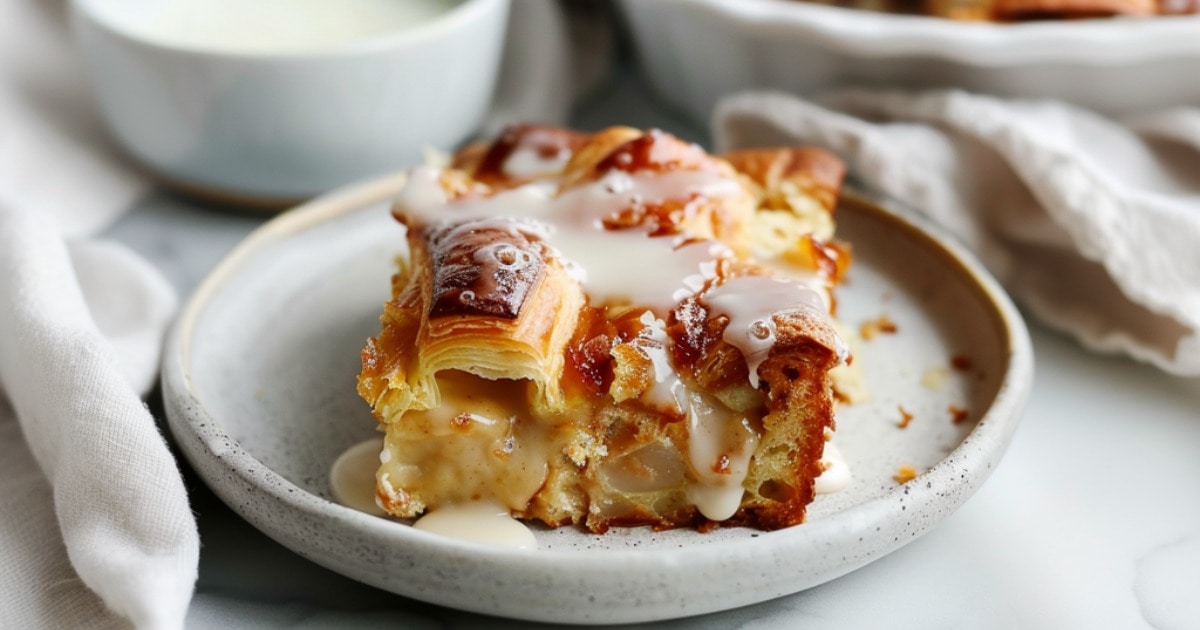 Slice of Croissant Bread Pudding on a plate