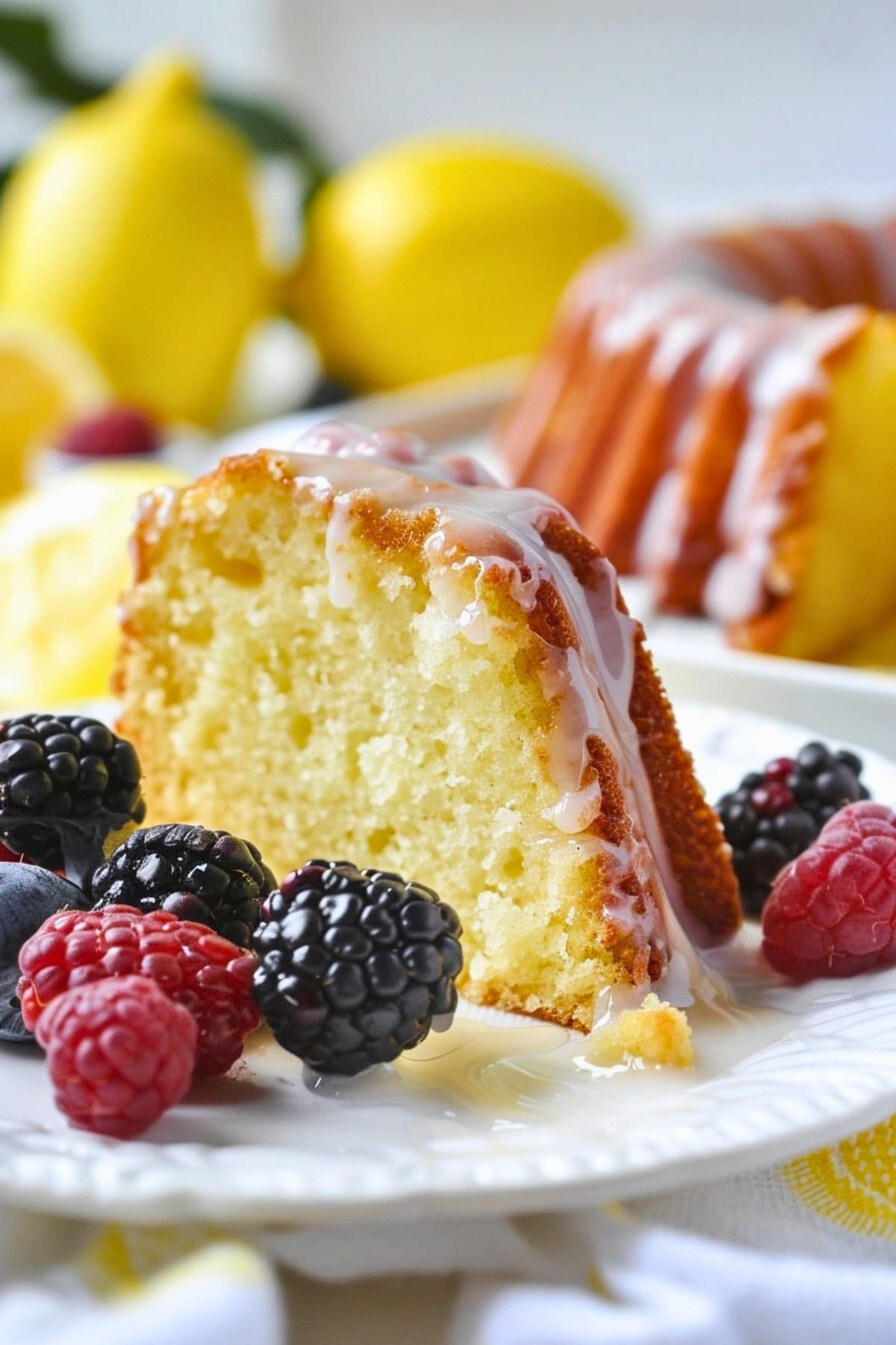 A slice of million dollar pound cake garnished with fresh berries.
