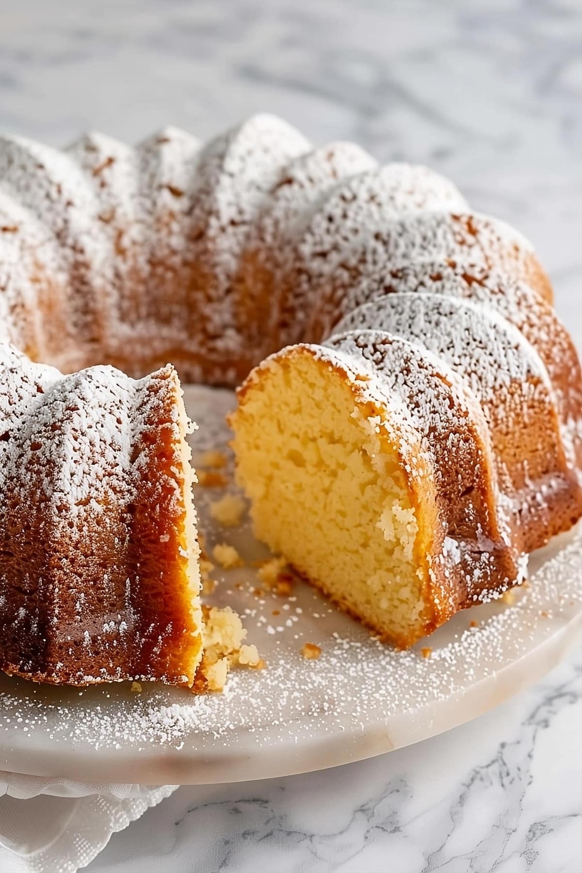 Sliced buttermilk pound cake with powdered sugar on top served in a round tray.
