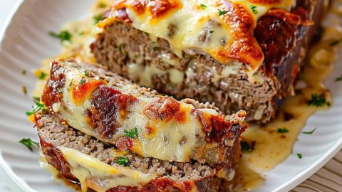 Sliced Philly Cheesesteak Meatloaf in a plate with melted cheese on top.