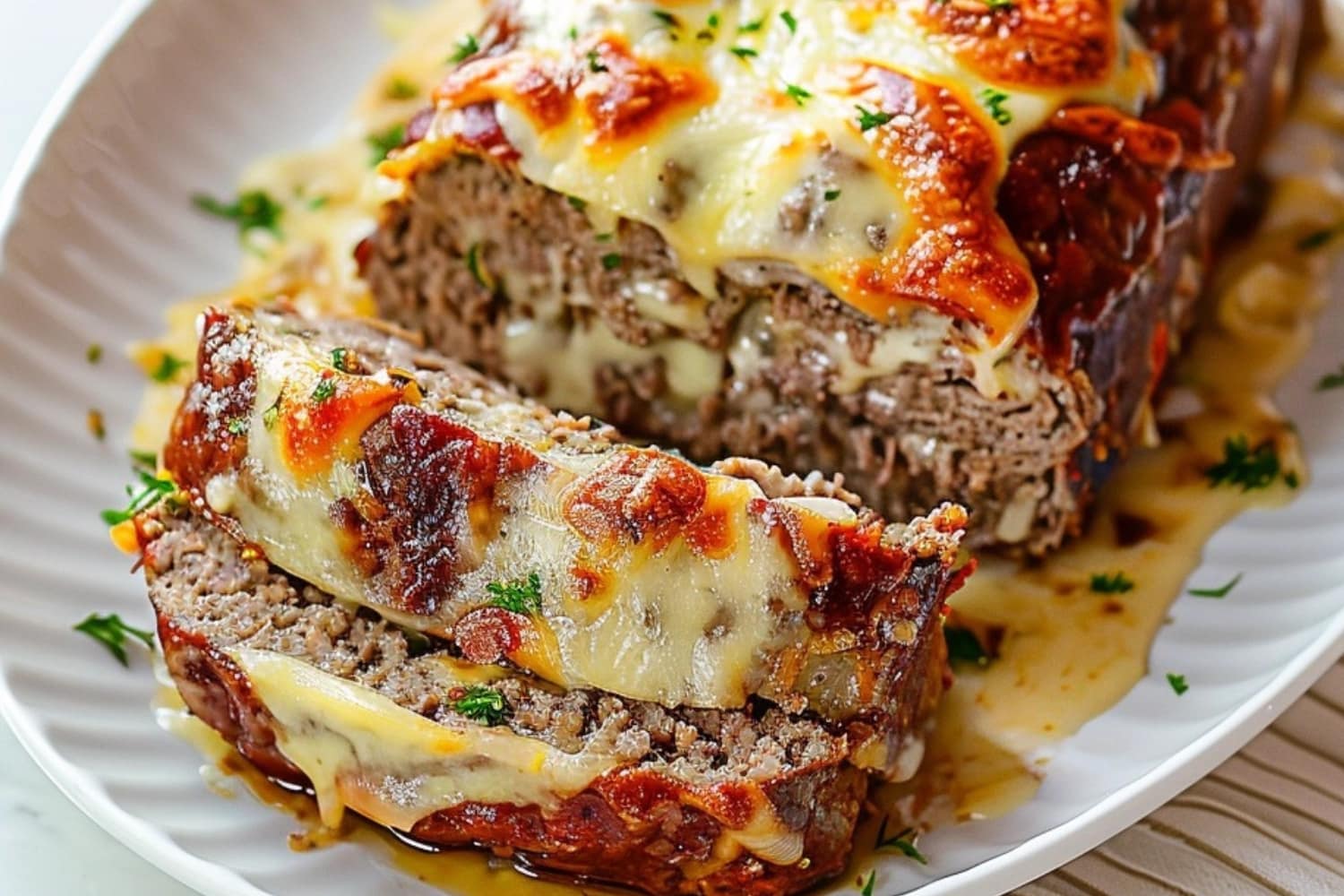Sliced Philly Cheesesteak Meatloaf in a plate with melted cheese on top.