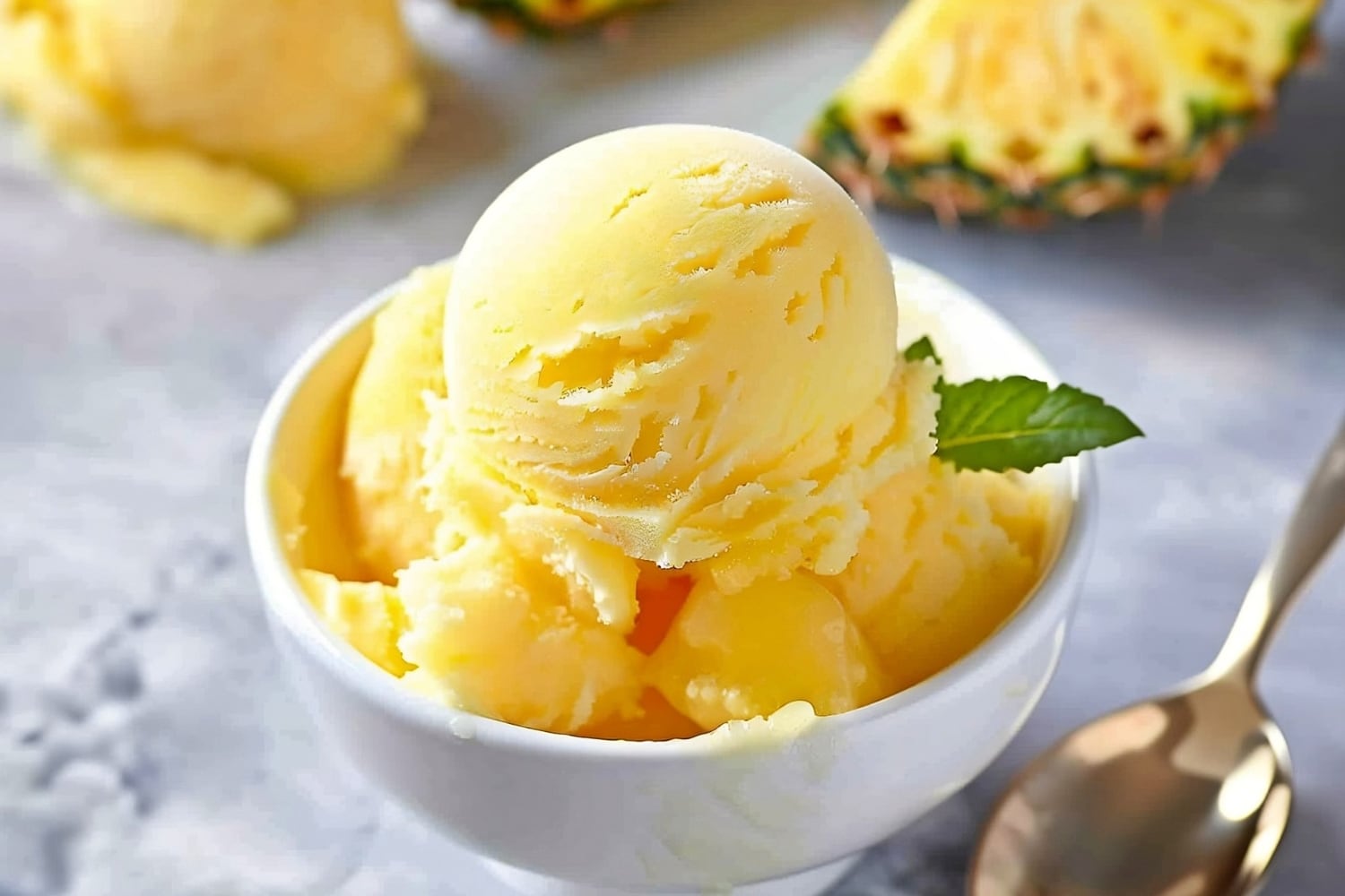 Soft and creamy yellow pineapple sorbet with mint in a bowl