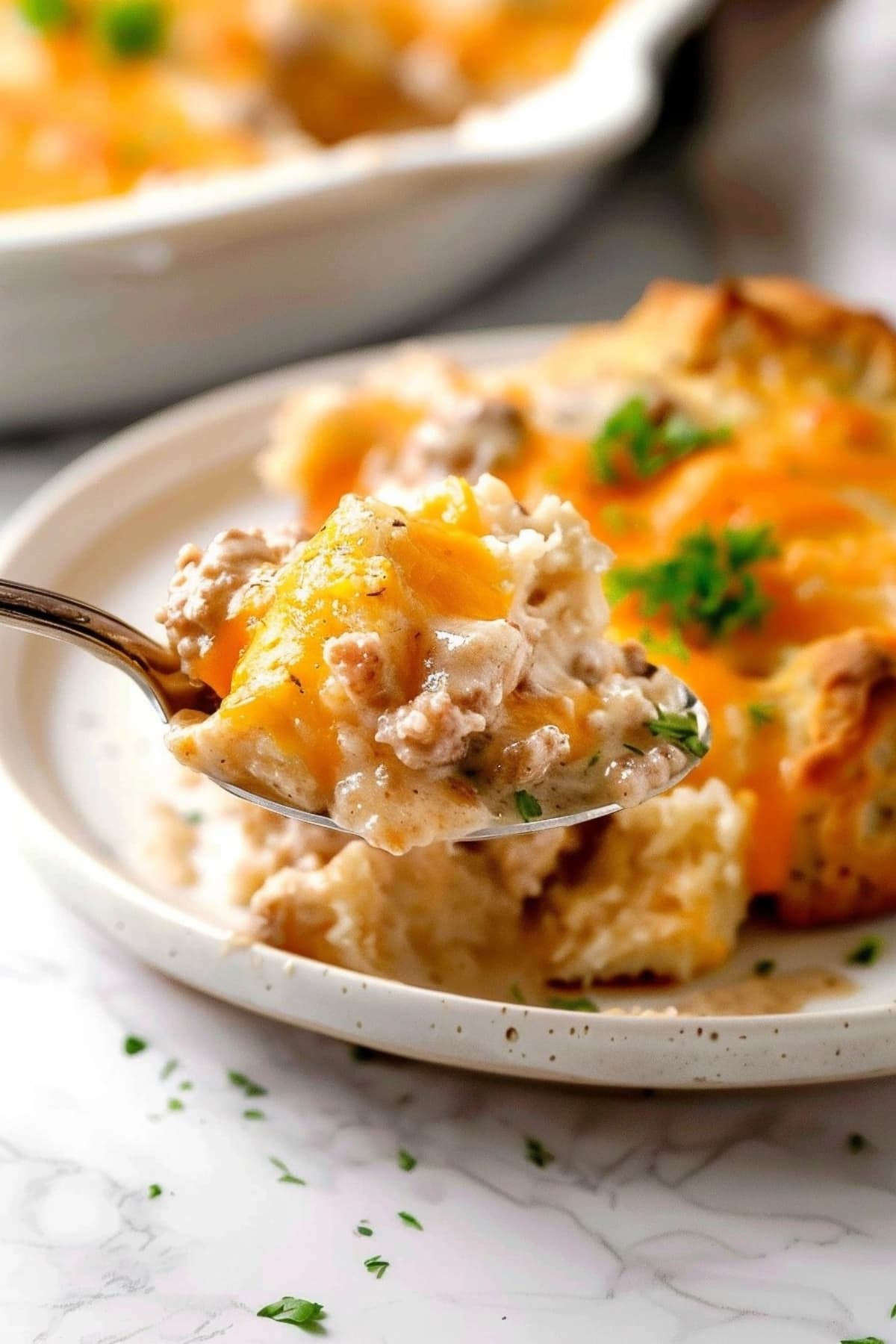 Spoonful of creamy and cheesy biscuits and gravy casserole.