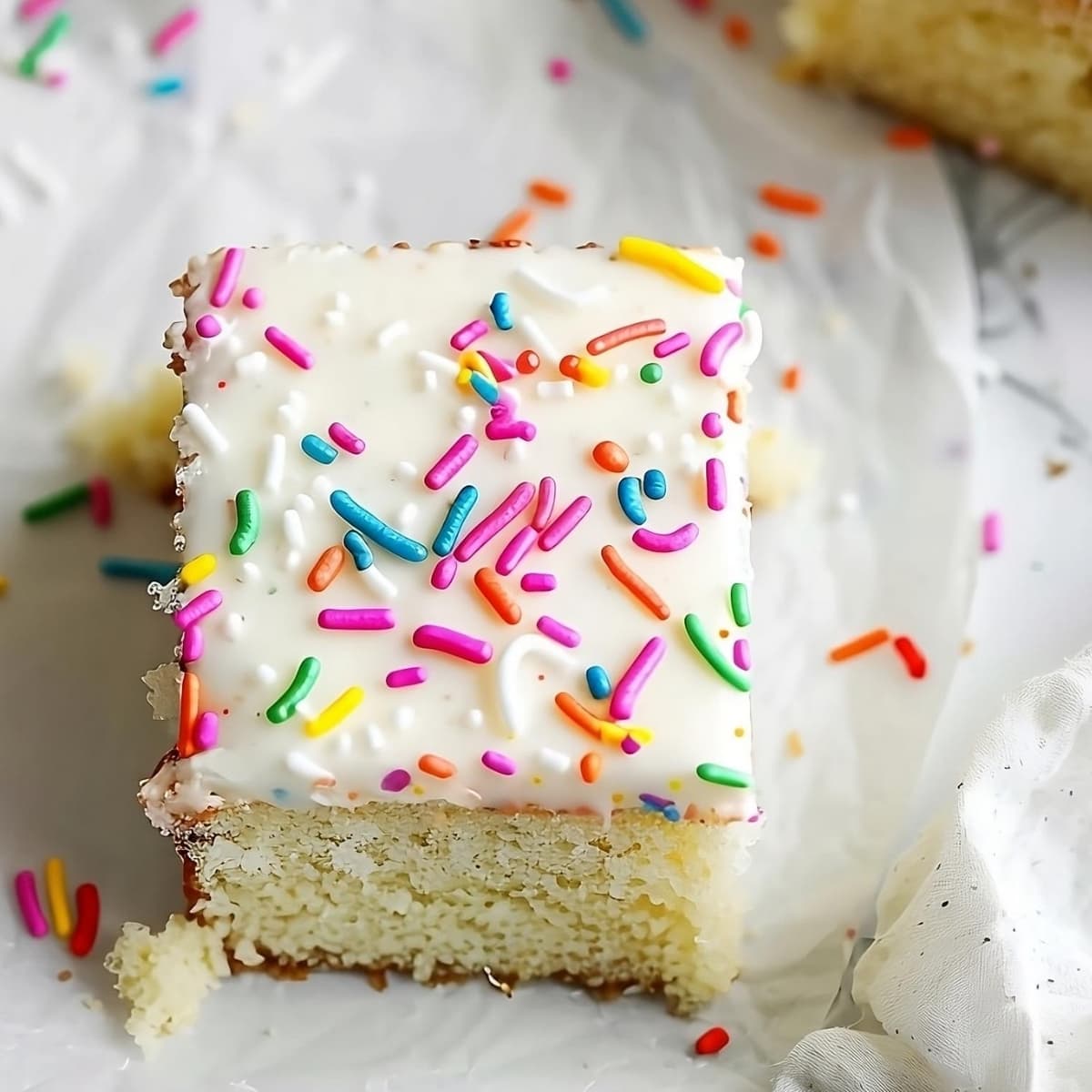 Square slice of vanilla sheet cake with sprinkles.