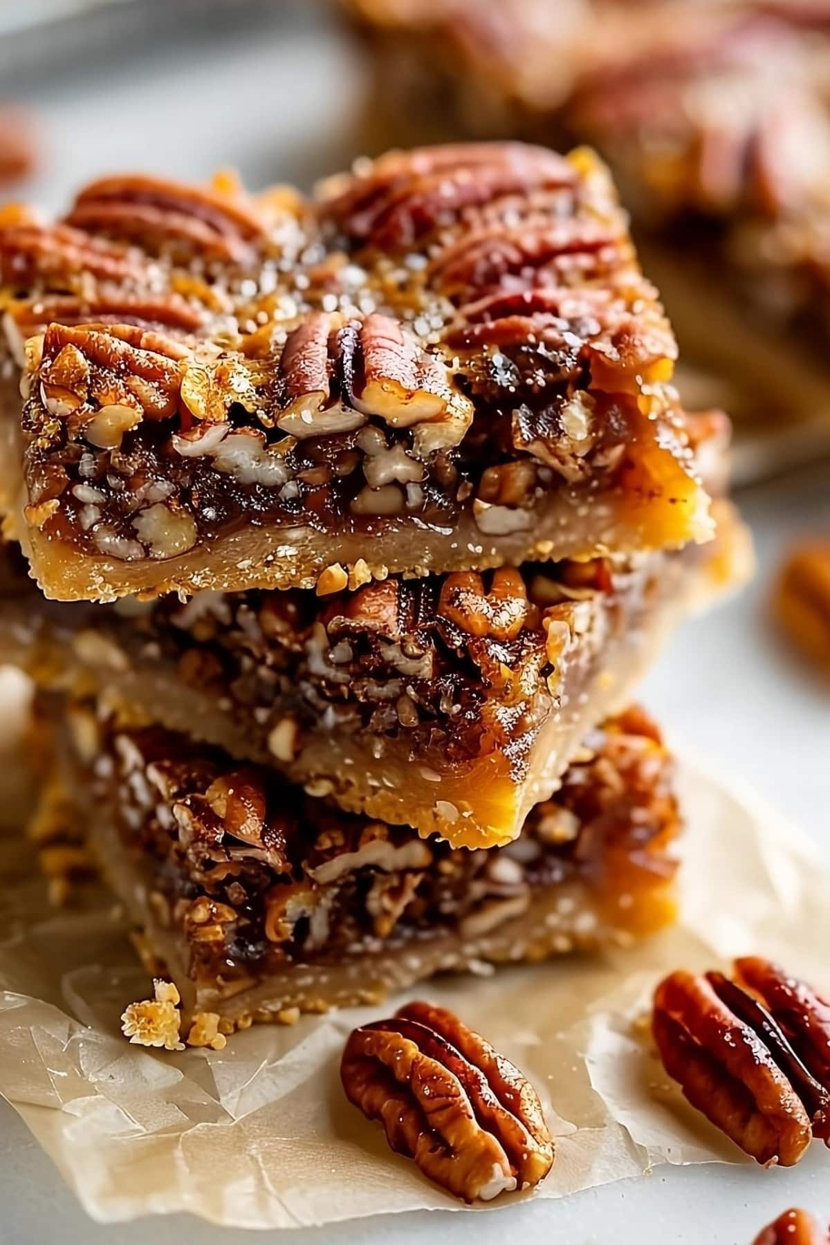 Stack of pecan bars on a sheet of parchment paper.