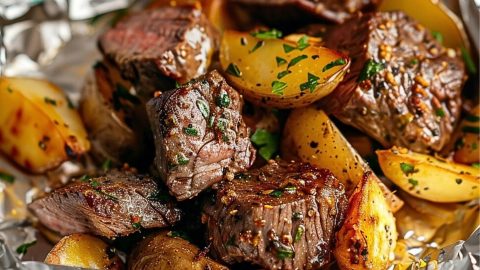 Steak and baby potatoes in a aluminum foil.
