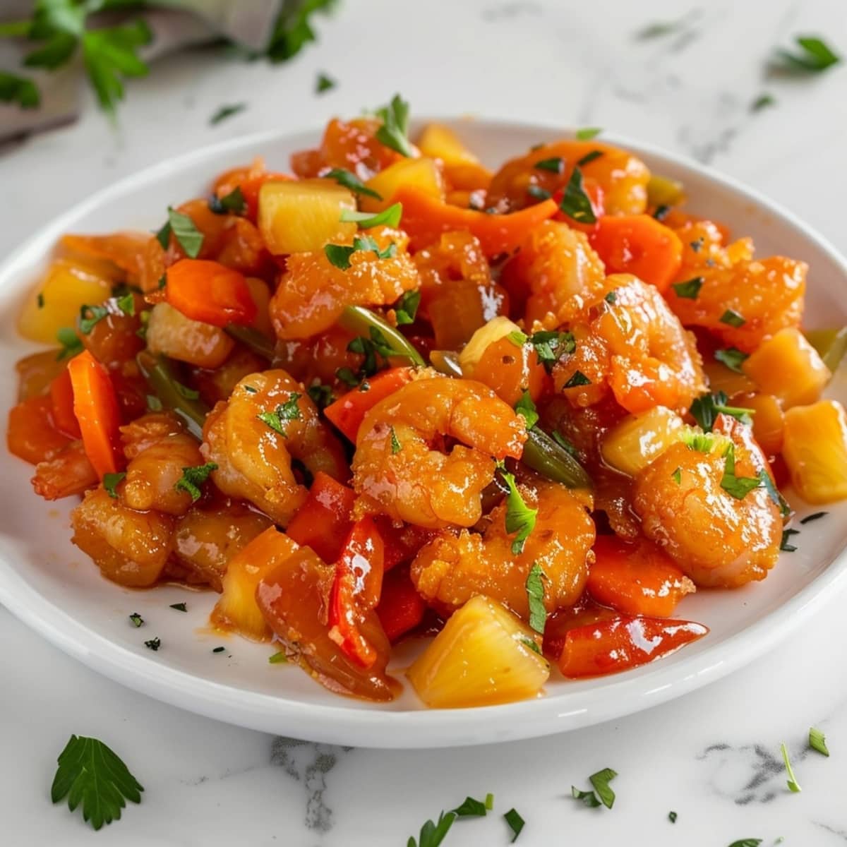 Sweet and sour shrimp in a white plate.