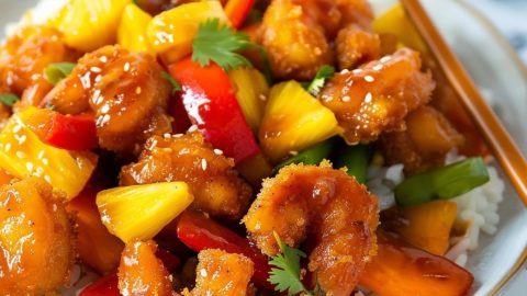 Sweet and sour shrimp served on top of white rice.