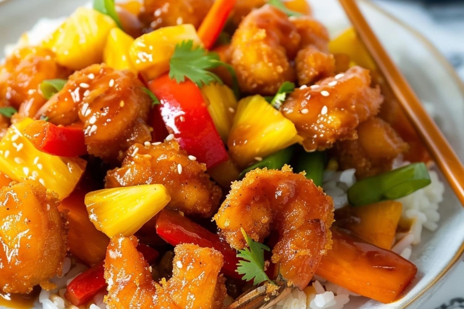 Sweet and sour shrimp served on top of white rice.