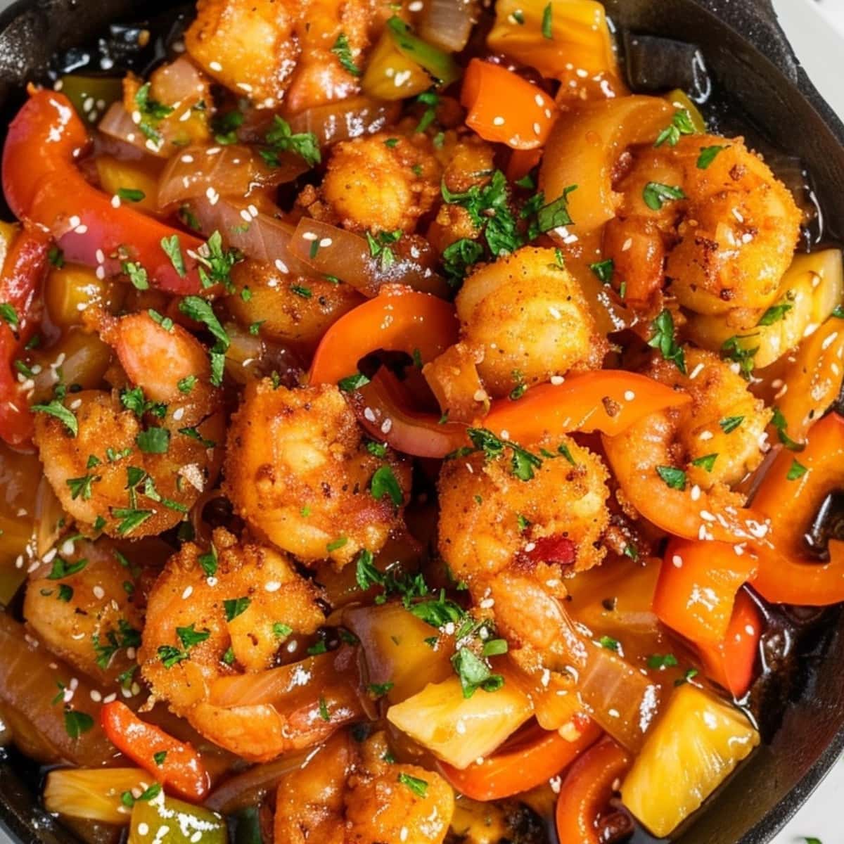 Sweet and sour shrimp in skillet.