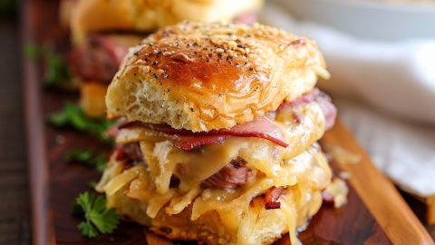 Meaty and cheesy homemade reuben sandwich topped with poppy seeds