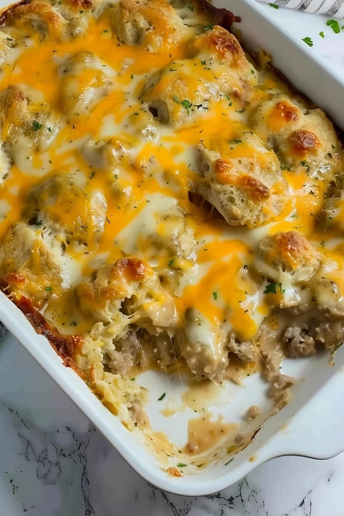 Top view of cheesy biscuits and gravy casserole in a baking dish.