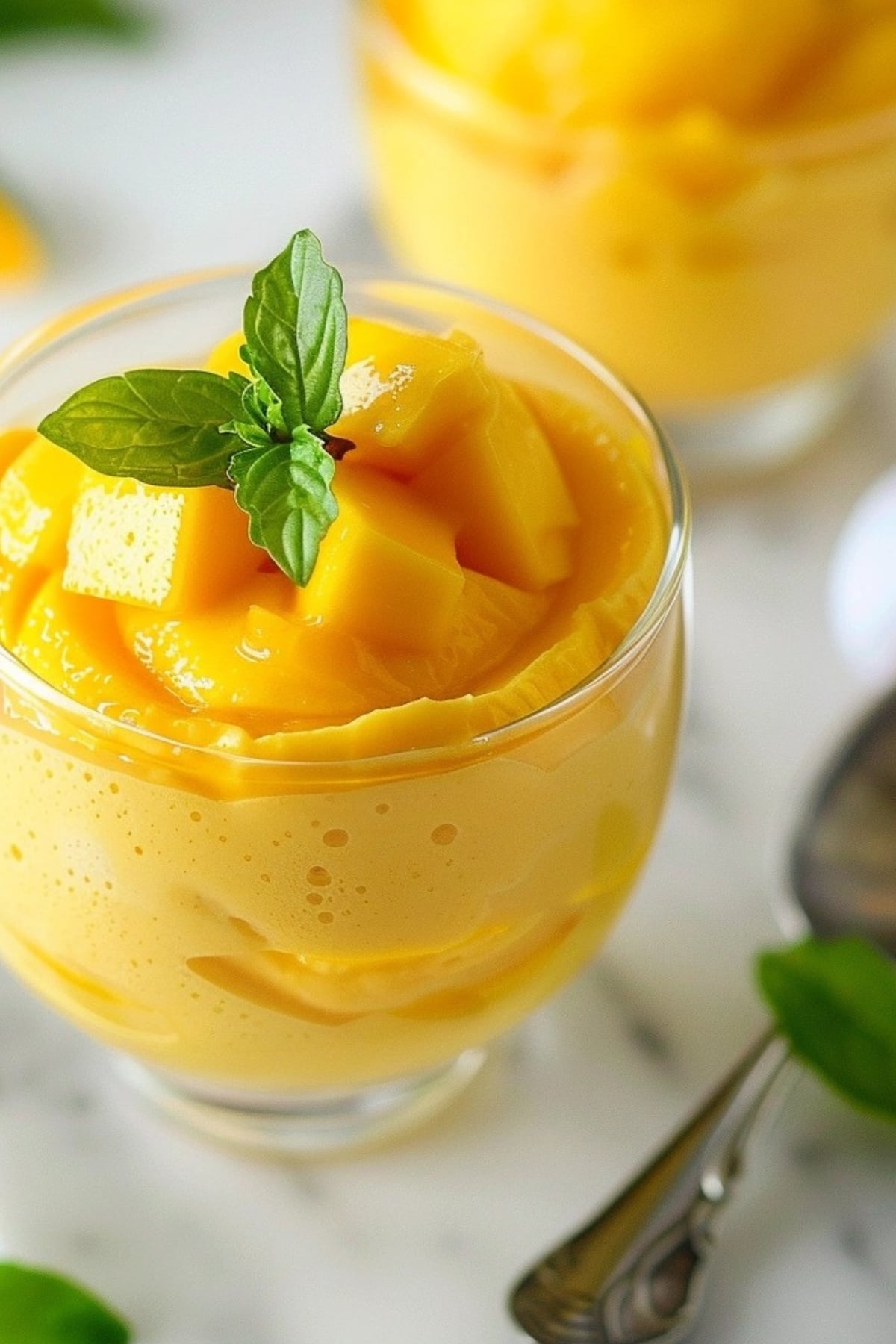 Creamy mango mousse in a glass garnished with sliced mangoes and mint leaves.