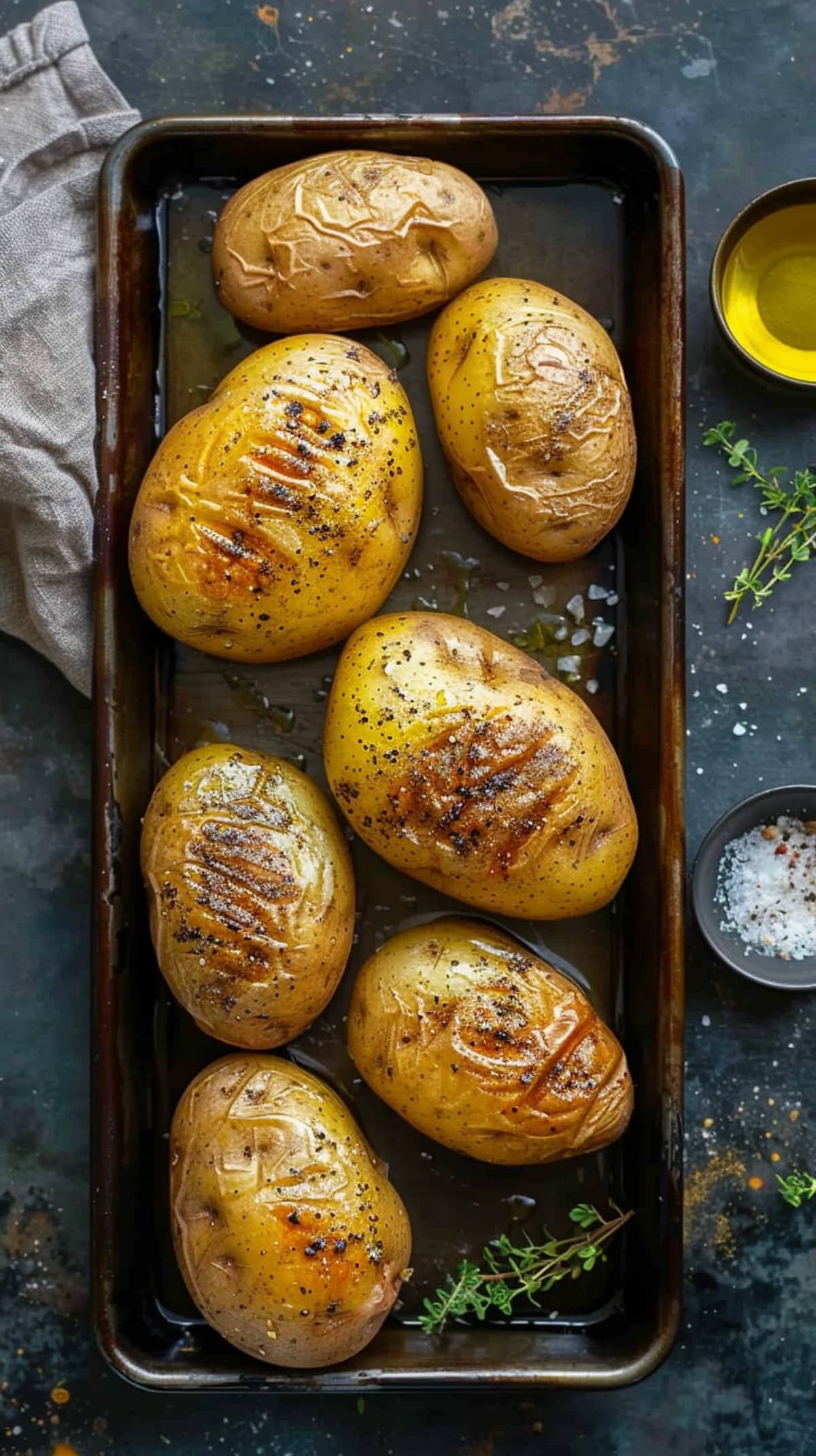 Tray of Jacket Potatoes with olive oil, salt, and pepper