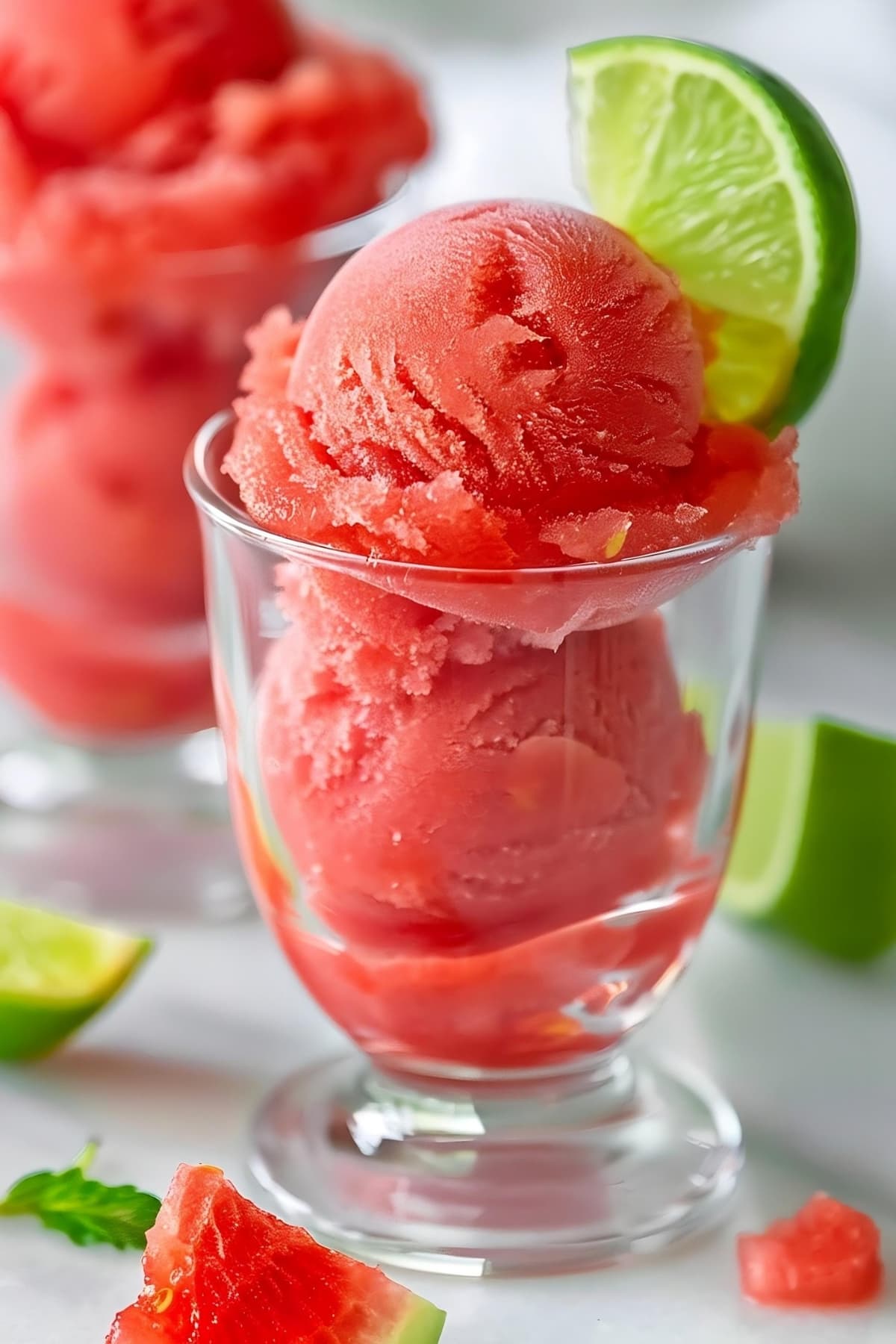 Watermelon sorbet with a refreshing twist of lime and a hint of mint, a delightful summer treat