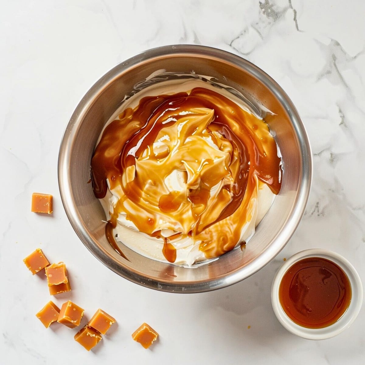 Whipped cream with caramel syrup on a stainless bowl.