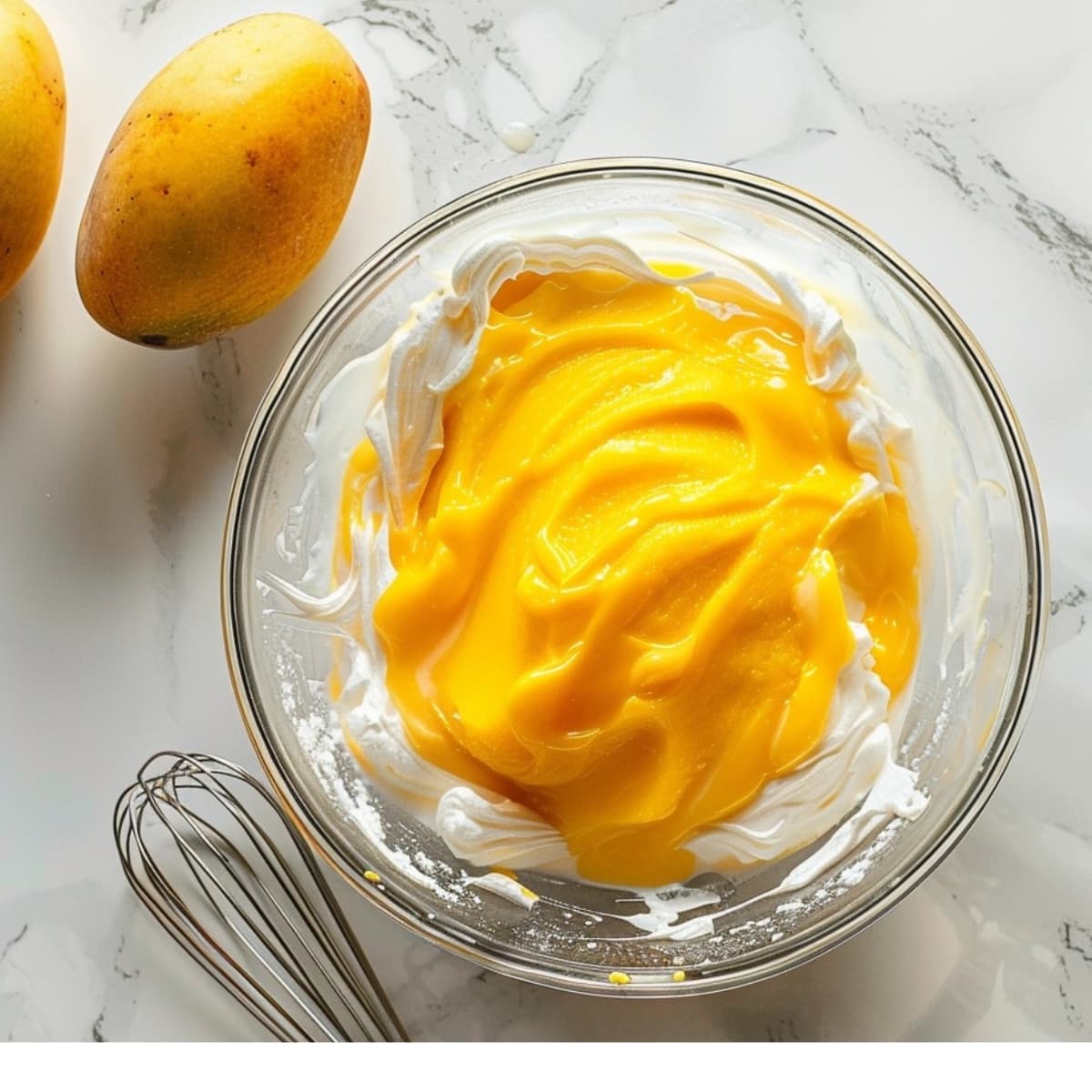 Glass bowl with whipped cream and mango puree.