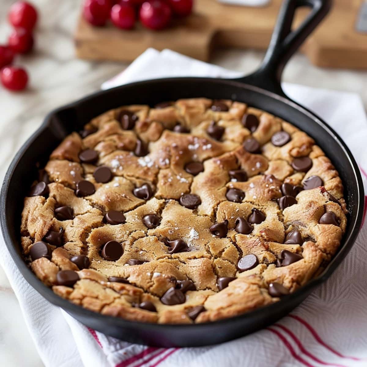 Baked chocolate chip cookie in an iron skillet.