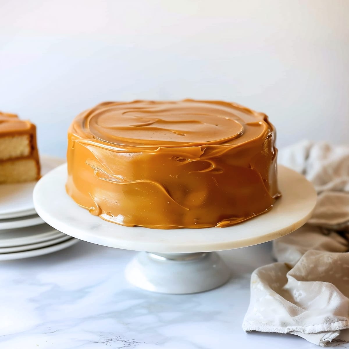 Whole southern caramel cake completely covered with frosting