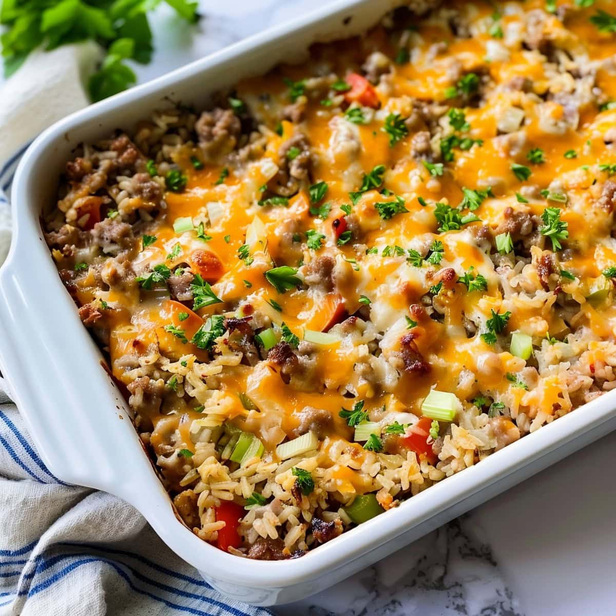 Loaded homemade  sausage and rice casserole with celery, bell peppers and cheese in a 9x13 casserole dish
