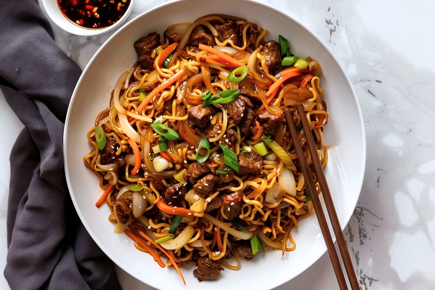 Savory homemade beef chow mein noodles in a white bowl