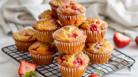 Stacked homemade strawberry muffins in a cooling rack on a white marble table