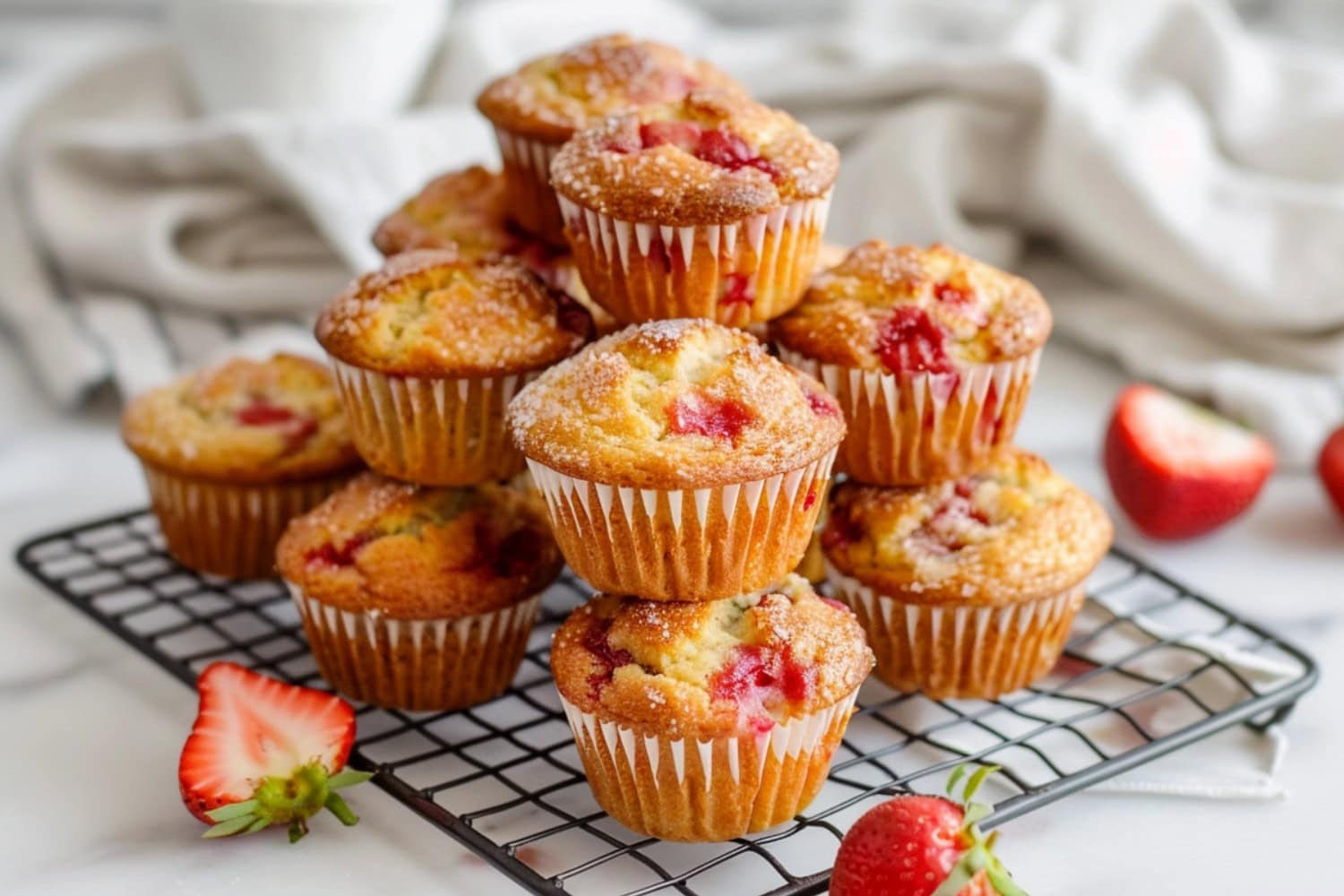 Stacked homemade strawberry muffins in a cooling rack on a white marble table